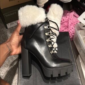 Black Leather Fur-Trimmed Women's Boots